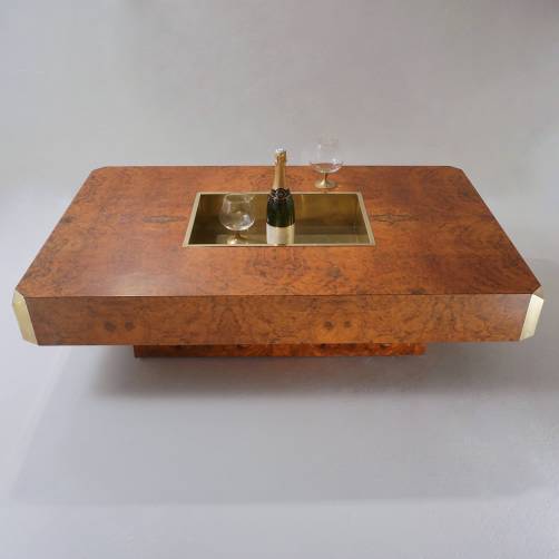 Willy Rizzo coffee table bar `Alveo` for Mario Sabot, burl walnut & brass, 1970`s ca, Italian